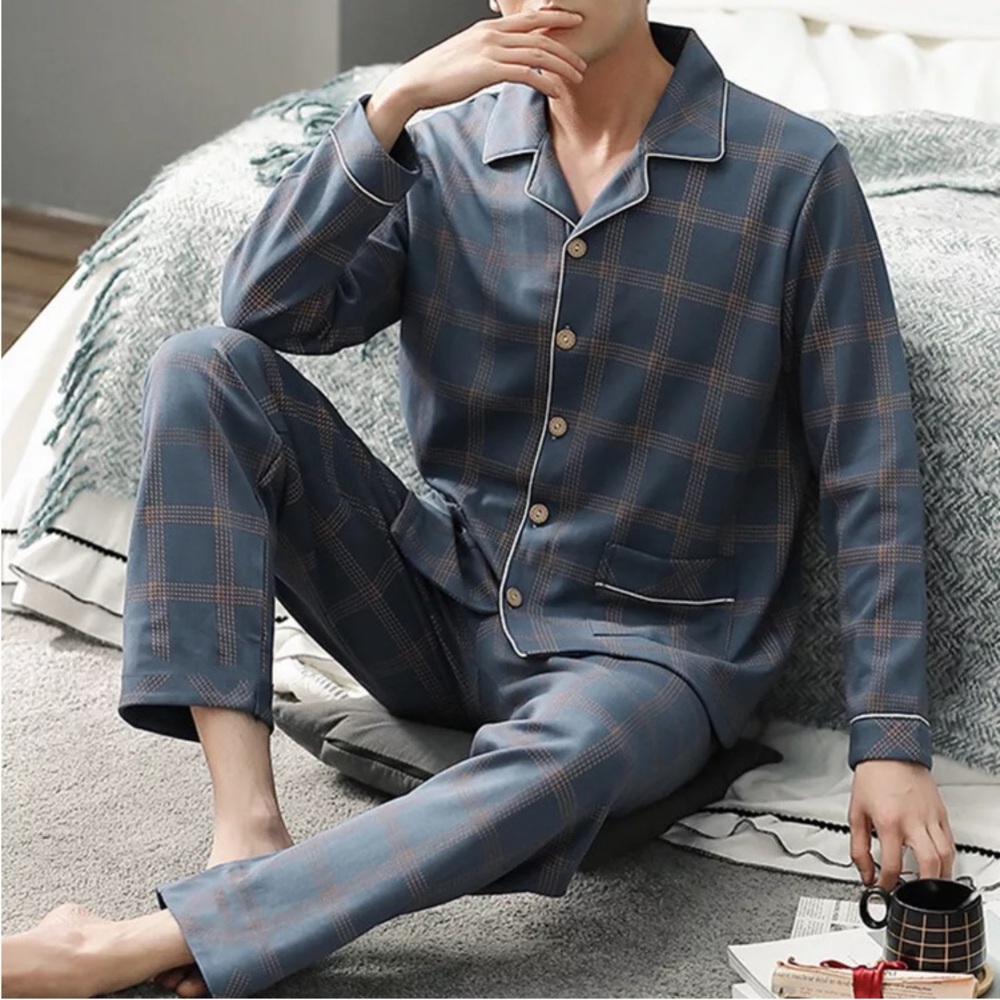 Mens pajamas BLUE plaid size medium - LARGE Chest 44